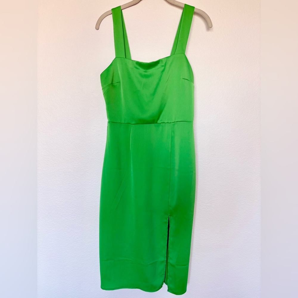 Blue Rain Green Satin Midi Dress Size Small Squareneck Tailored Graduation